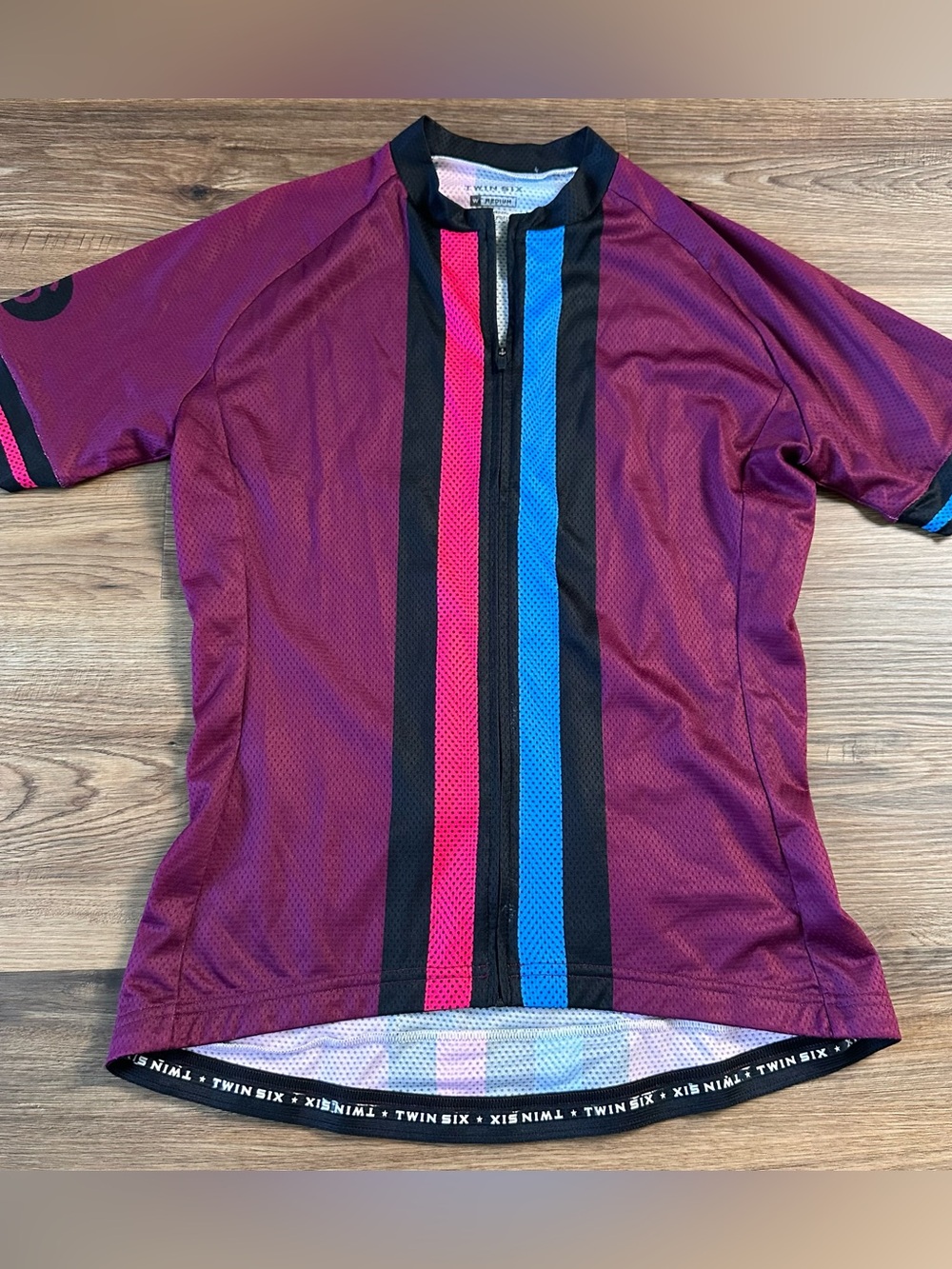 Twin Six Cycling Jersey Women Medium Pink Blue Stripe Full Zip Bike Shirt